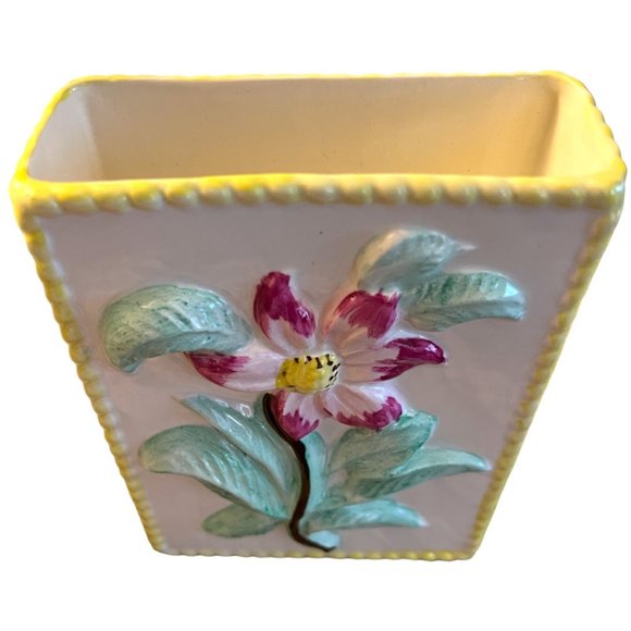 PV PEASANT VILLAGE Pair of Vases Majolica Pottery Rectangular Raised Flowers VTG - Picture 2 of 9